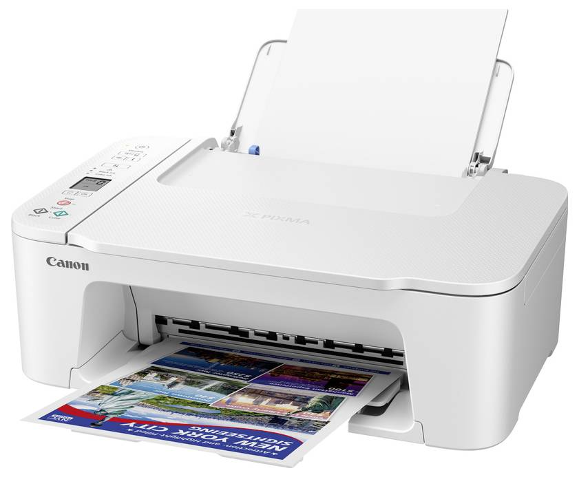 Weißer Canon Tintenstrahldrucker druckt eine farbige Seite mit Papier, das in das hintere Fach geladen ist.