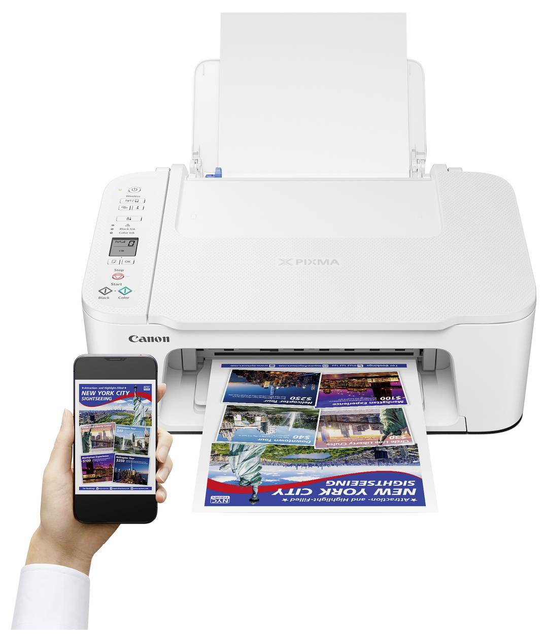 Ein weißer Canon PIXMA Drucker druckt ein farbiges Reisefaltblatt von New York City, während eine Hand ein Smartphone hält, das das gleiche Faltblatt zeigt, was auf drahtloses mobiles Drucken hindeutet.