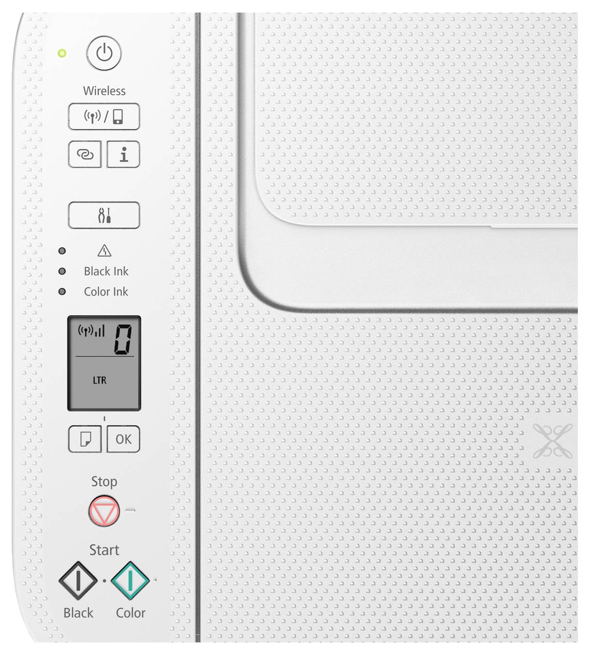 Nahaufnahme eines Druckersteuerpanels mit Tasten für Wireless, Tinte und Display neben der Papierabdeckung; schwarze und farbige Starttasten am unteren Rand.