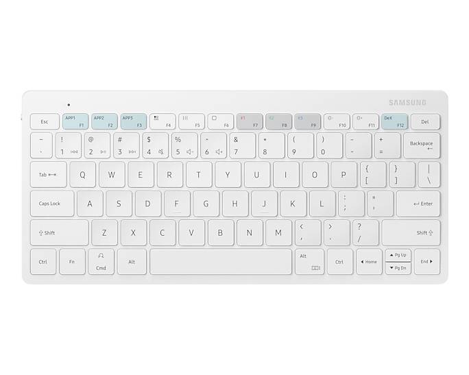 Weiße kompakte Samsung-Funknustatur, von oben auf weißem Hintergrund fotografiert, mit blau hervorgehobenen Funktionstasten und standardmäßigem QWERTY-Layout.