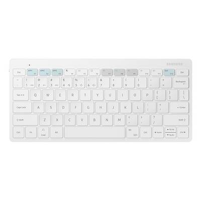 Weiße kompakte Samsung-Funknustatur, von oben auf weißem Hintergrund fotografiert, mit blau hervorgehobenen Funktionstasten und standardmäßigem QWERTY-Layout.