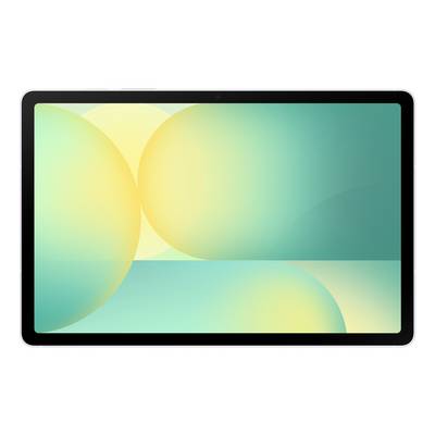 Ein Tablet-Bildschirm mit einem abstrakten geometrischen Farbverlauf in Blaugrün, Gelb und Grün.