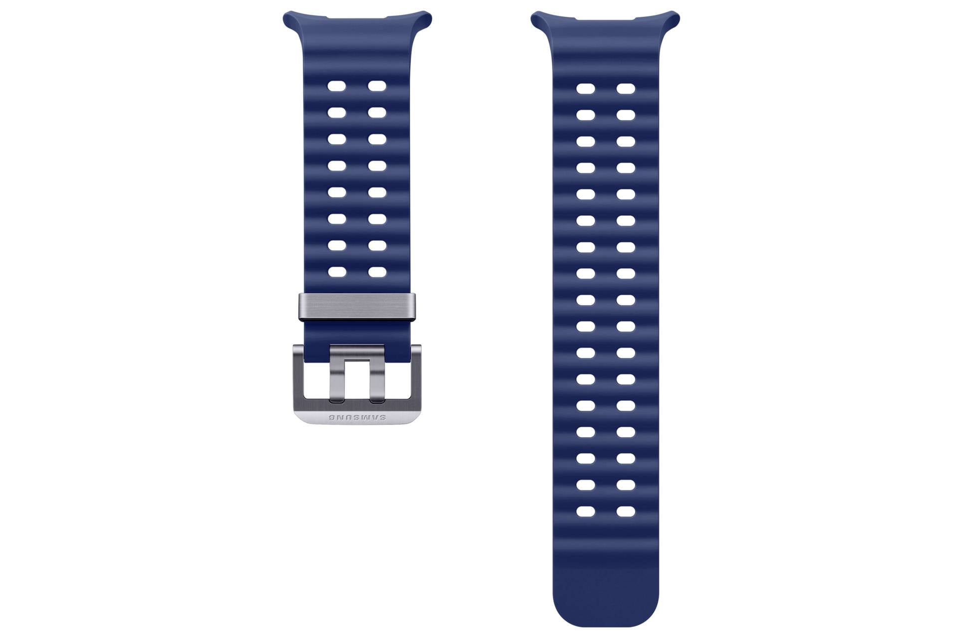Zwei blaue durchlöcherte Uhrenarmbänder nebeneinander, eines mit einer Schnallenschließe und ein längeres Armband.