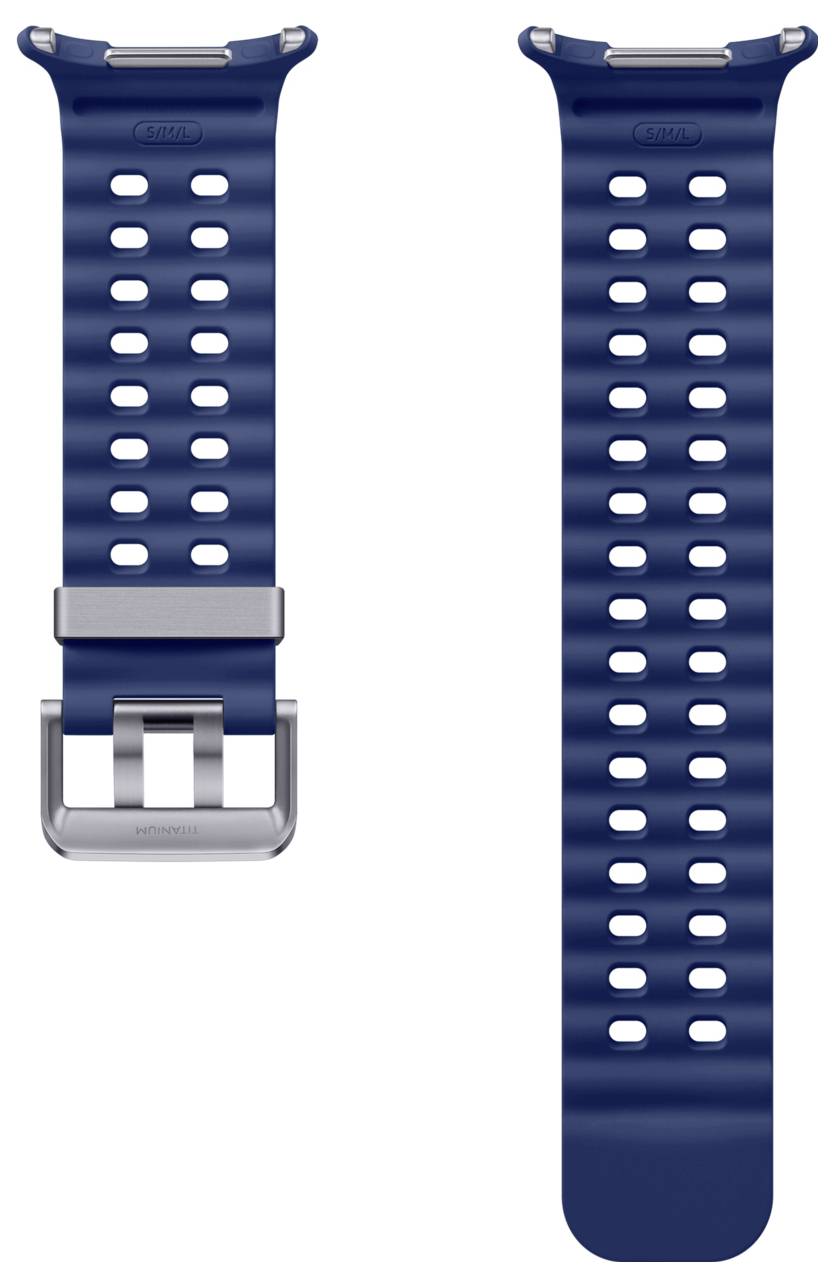 Blaues perforiertes Silikon-Uhrenarmband mit silberner Schnalle, in zwei Ansichten dargestellt: Vorderseite mit Schnalle und Armband in voller Länge.