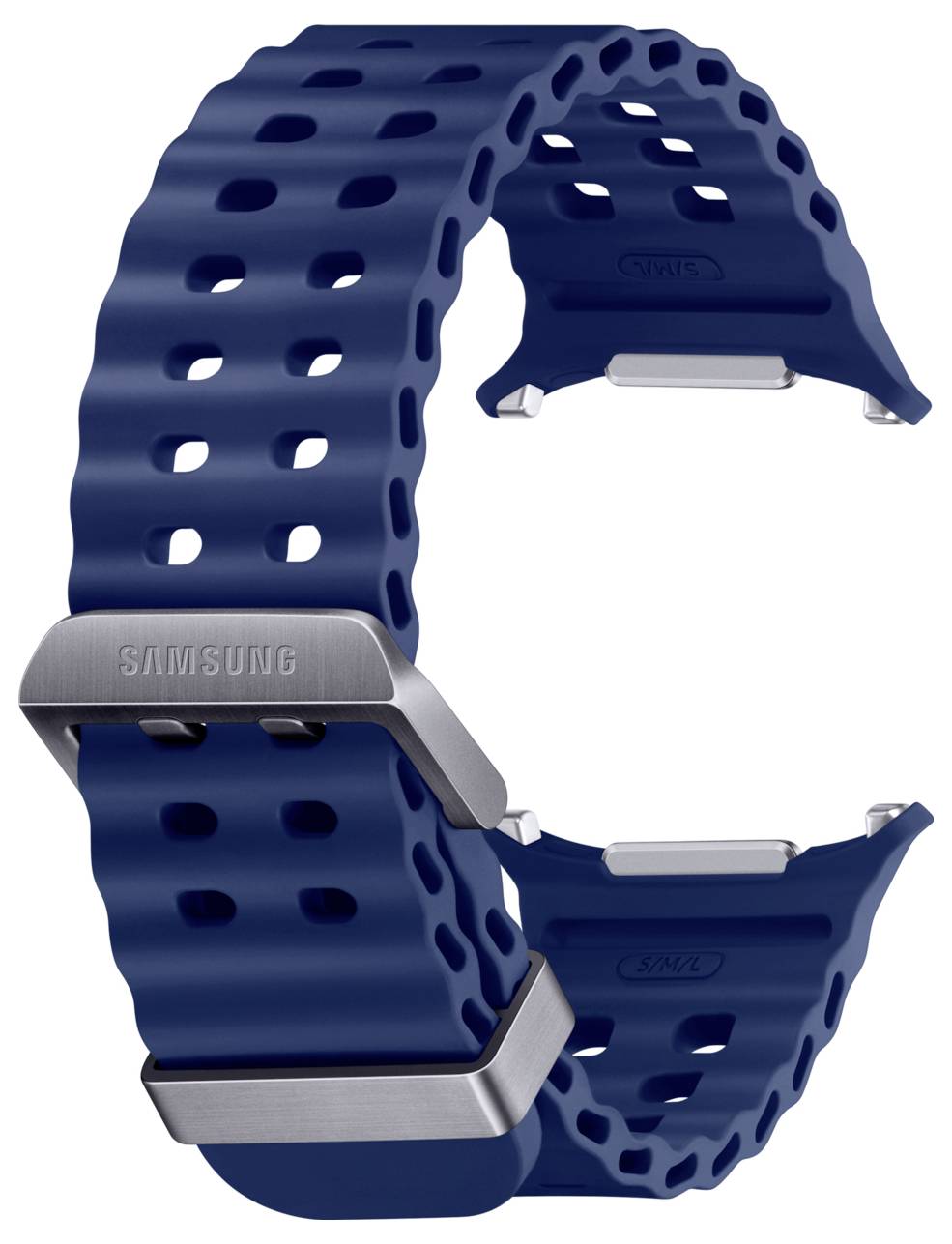 Blaues perforiertes Silikon-Smartwatch-Armband mit silbernen Metallverschlüssen, gezeigt auf weißem Hintergrund
