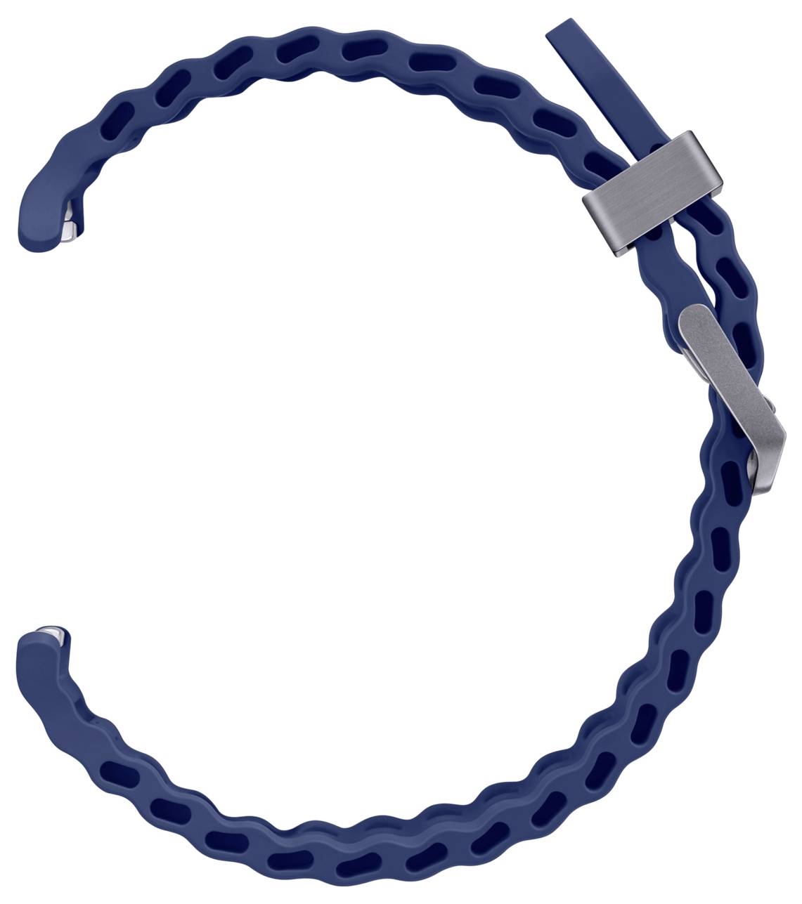 Blauer verstellbarer Schlaufenriemen mit metallischer Schnallenverschluss, dargestellt als kreisförmiges Band auf weißem Hintergrund.