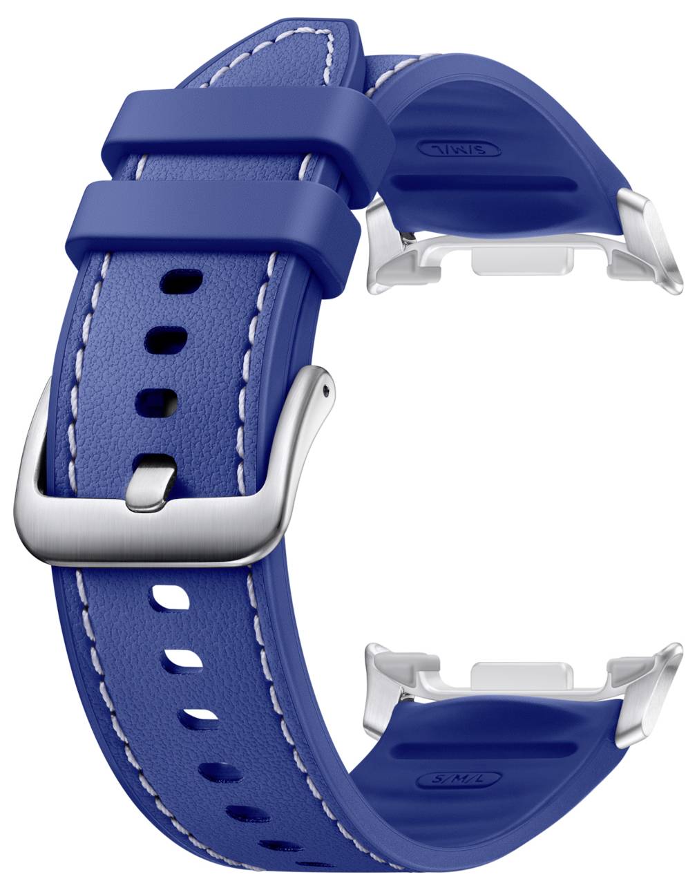 Blaues Lederarmband mit silberner Schnalle und blauem Innenfutter, gebogen dargestellt, um beide Riemenenden und die Befestigungshardware zu zeigen.
