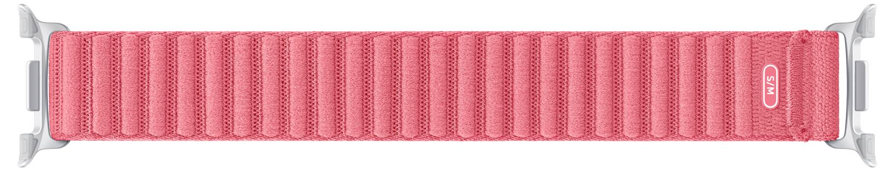 Rosa Nylon-Uhrenarmband mit silbernen Anschlüssen und einem kleinen Logo nahe dem rechten Ende.