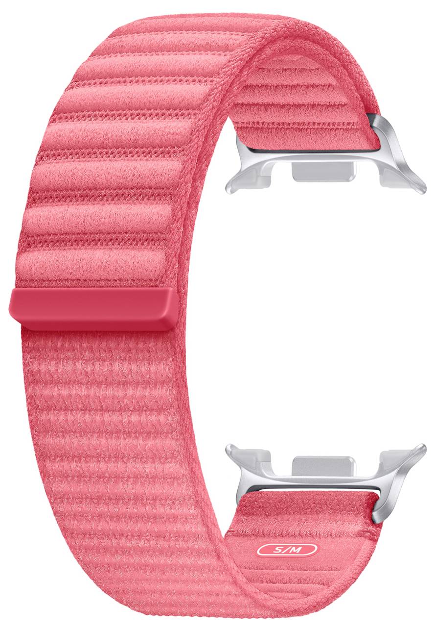 Rosa gewebtes Smartwatch-Armband mit silberfarbener Verbinderhardware, isoliert auf weißem Hintergrund dargestellt.