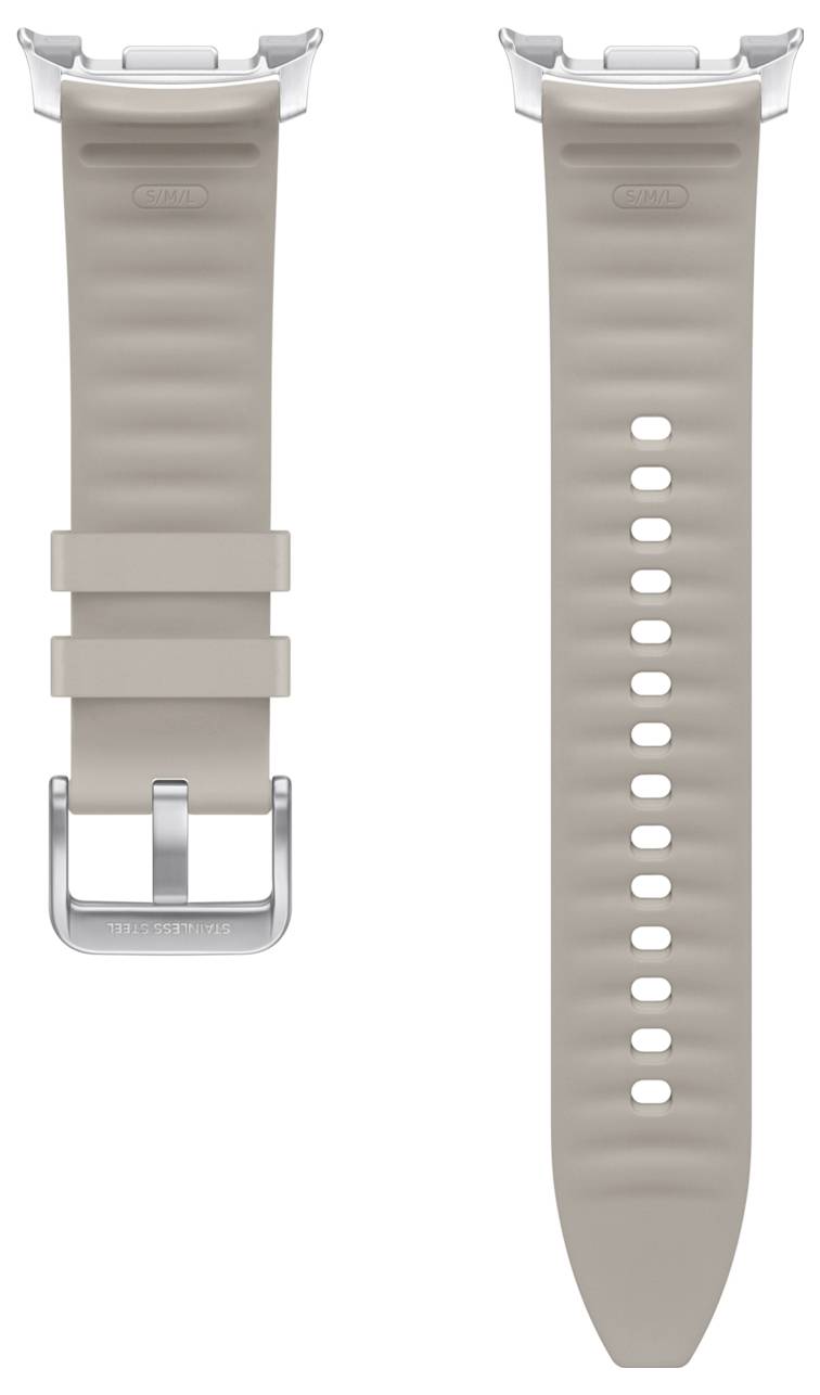 Zwei Ansichten eines beigen Uhrenarmband: Vorderseite mit Metallschließe und Schlaufenhalter sowie Rückseite, die das lange Armband mit mehreren Verstelllöchern zeigt.