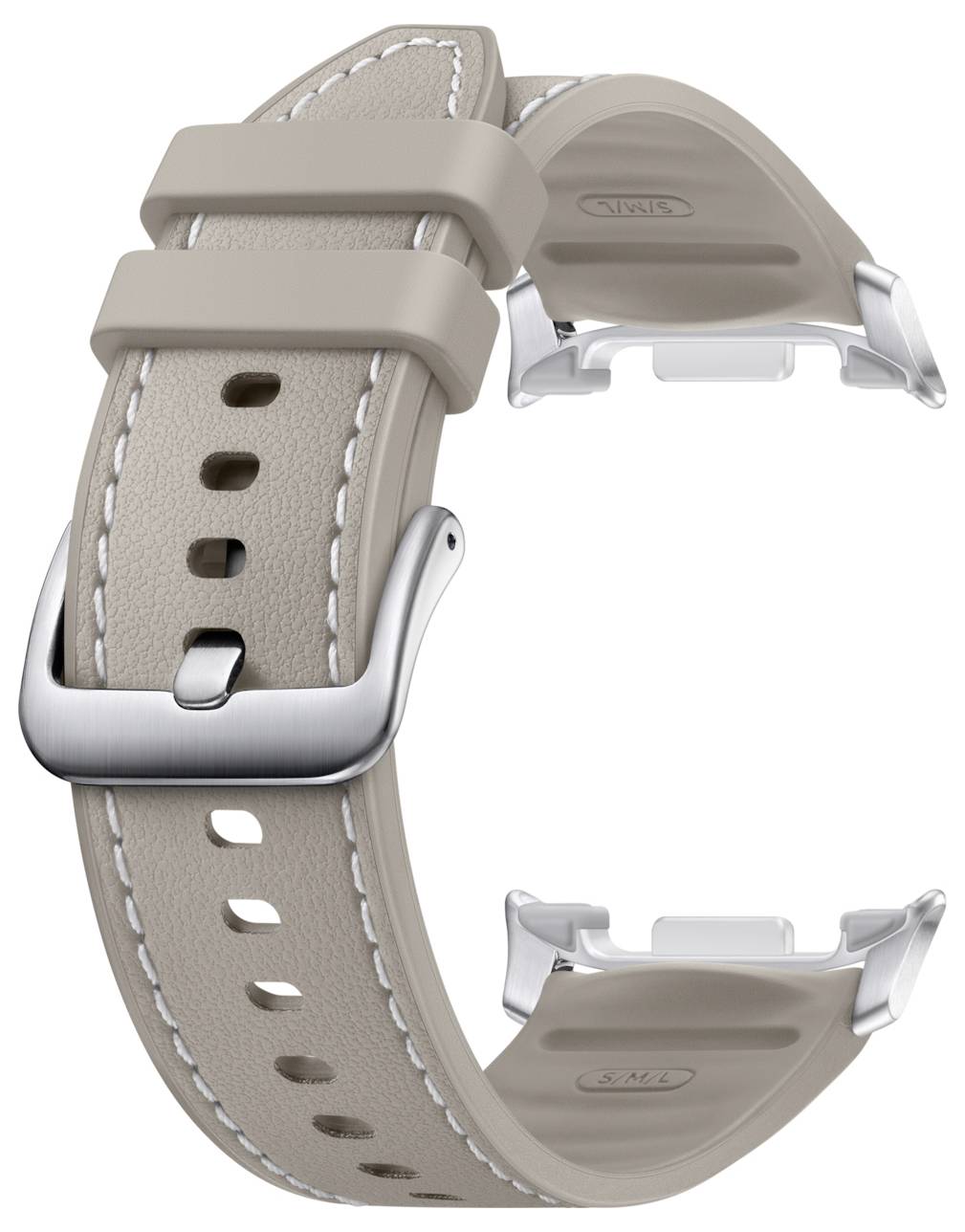 Beiger Lederwatchband mit silbernem Dornschließer und Verschluss, gezeigt in gekrümmter offener Position auf weißem Hintergrund.