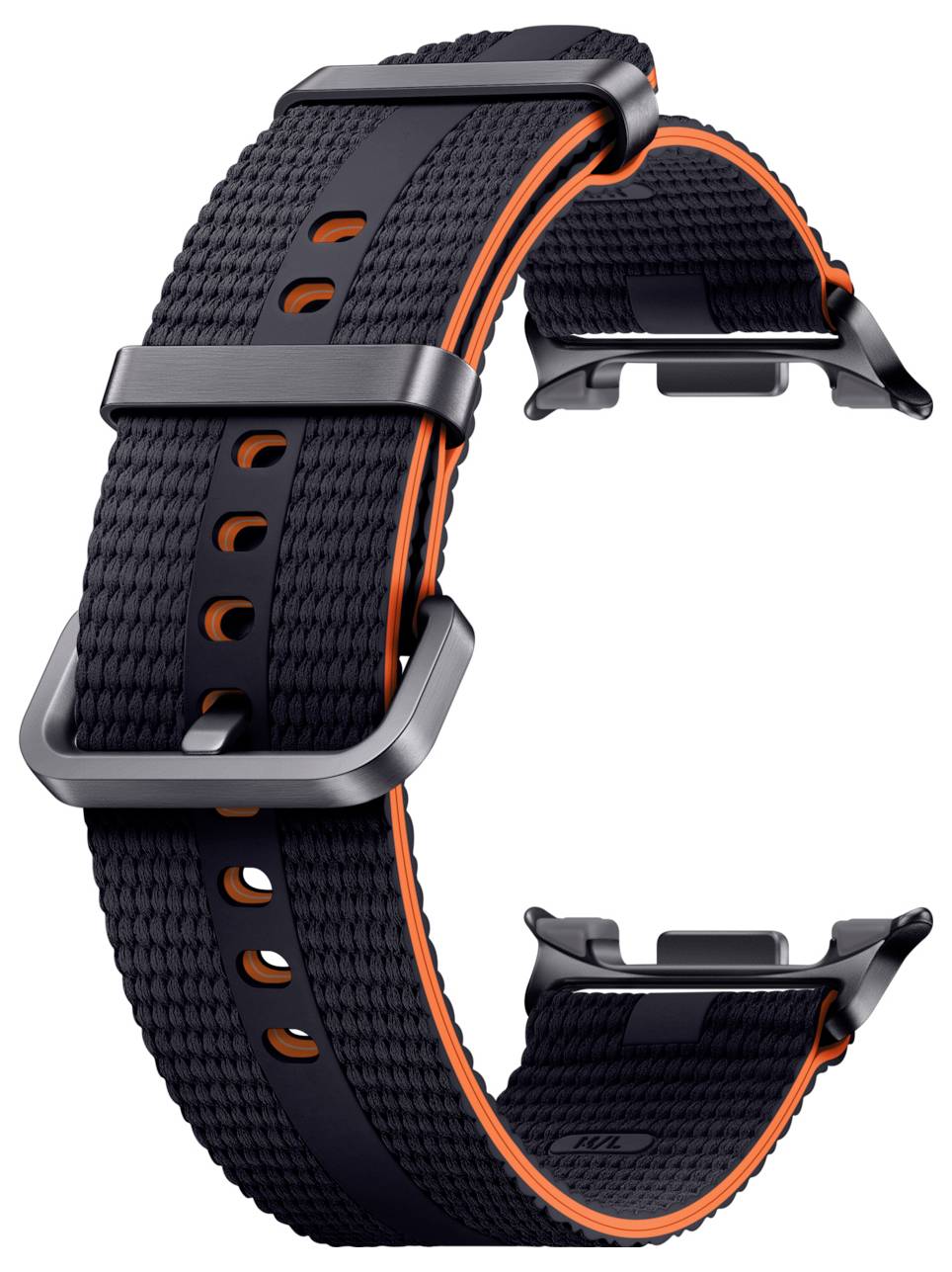 Schwarzes gewebtes Uhrenarmband mit orangefarbener Einfassung und Metallschnalle, gezeigt auf weißem Hintergrund.