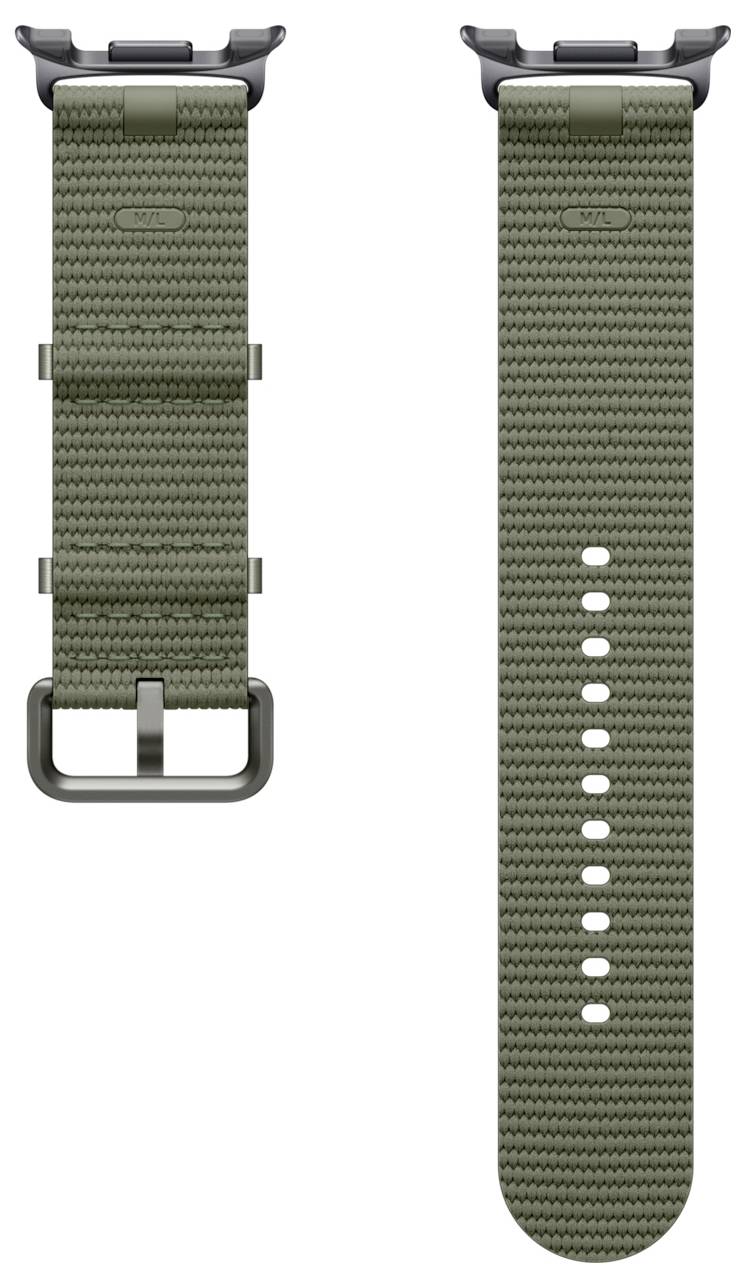 Zwei olivgrüne strukturierte Uhrenarmbänder mit schwarzen Anschlüssen: linkes Armband mit Metallschnalle, rechtes Armband mit rundem Ende und Verstelllöchern.