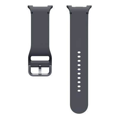 Dunkelgraues Smartwatch-Armband von vorne und hinten gezeigt, mit Metallschnalle, rechteckiger Aussparung und mehreren Verstelllöchern.