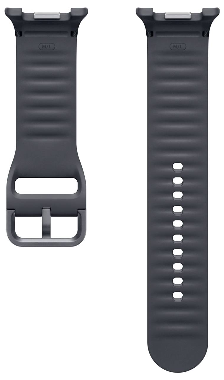 Zwei Ansichten eines dunkelgrauen Smartwatch-Armbands: Vorderseite mit Schnalle und Schlitz, Rückseite mit mehreren Verstelllöchern.