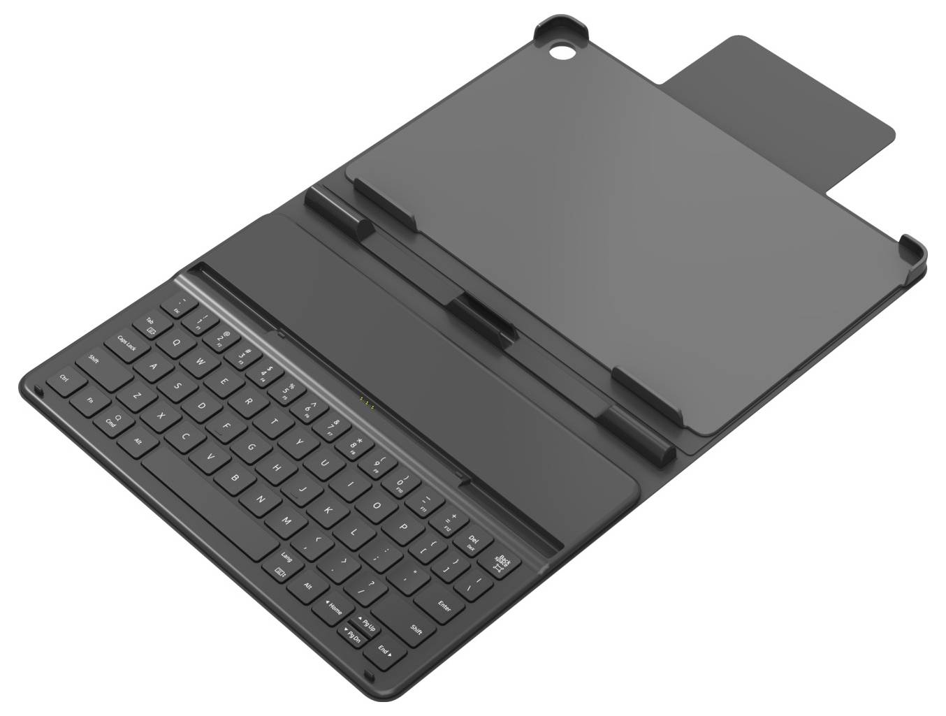 Schwarze Tablet-Tastaturhülle, geöffnet mit integrierter Tastatur und Ständer auf der Rückseite auf weißem Hintergrund.