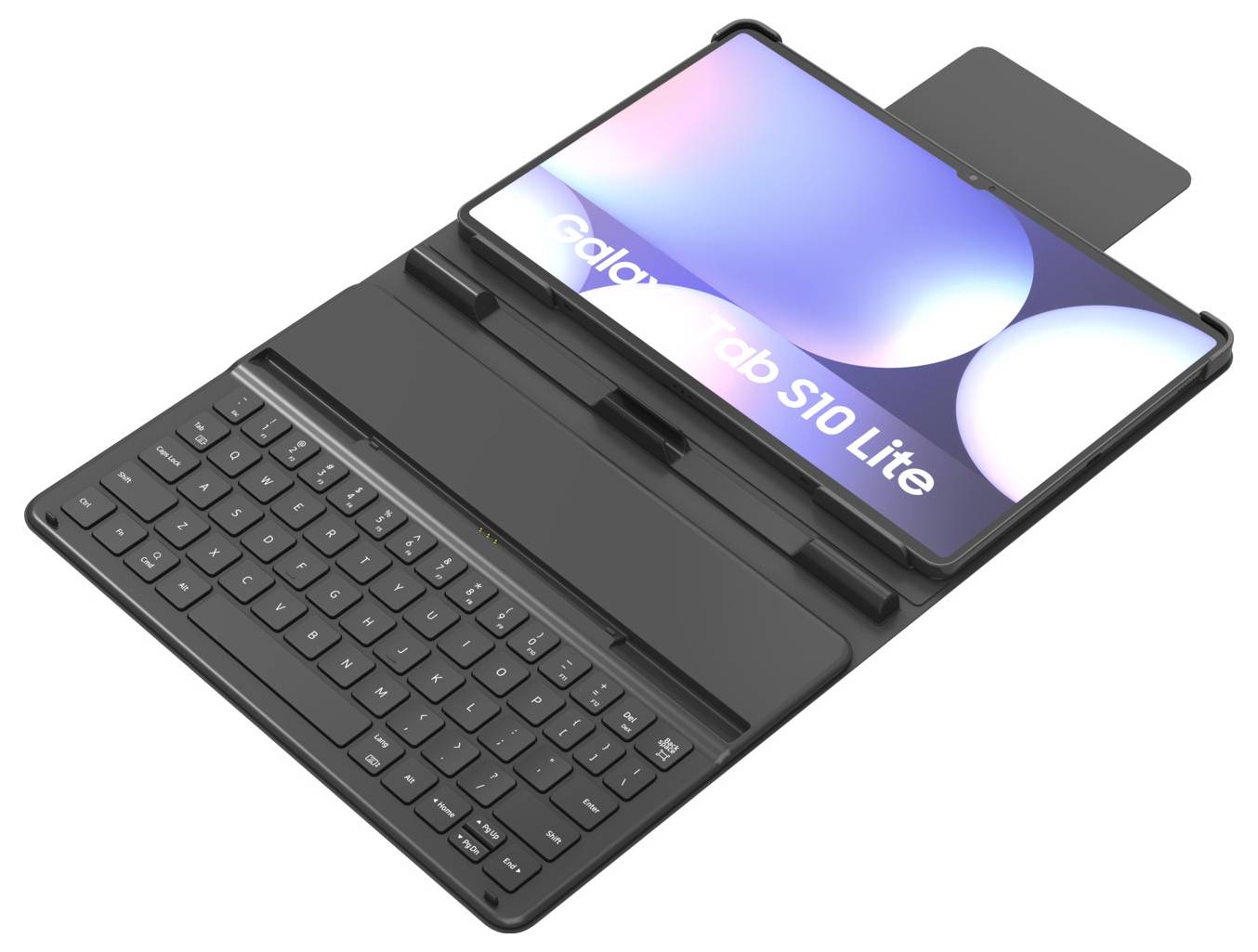 Samsung Galaxy Tab S10 Lite in einem Keyboard-Folio-Case, im offenen Zustand in einem Winkel dargestellt, mit sichtbarem Tablet-Bildschirm und angebrachter Tastatur.