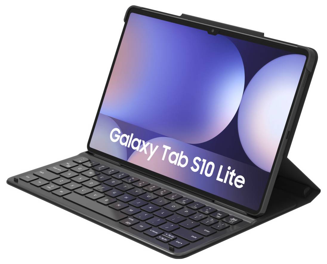 Samsung Galaxy Tab S10 Lite Tablet, das mit einer angebrachten Tastaturabdeckung in einem gefalteten Ständergehäuse gezeigt wird und seinen Produktnamen auf dem Bildschirm anzeigt.