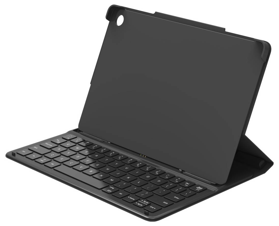 Schwarze Tablet-Tastaturhülle mit integriertem Ständer, geöffnet in einem Winkel dargestellt.