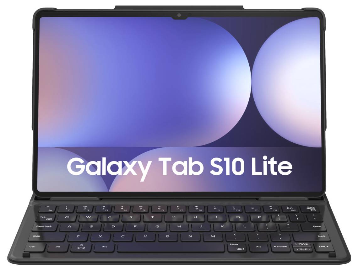 Samsung Galaxy Tab S10 Lite Tablet mit angebrachter Tastaturhülle, auf dem Bildschirm wird sein Produktname angezeigt.
