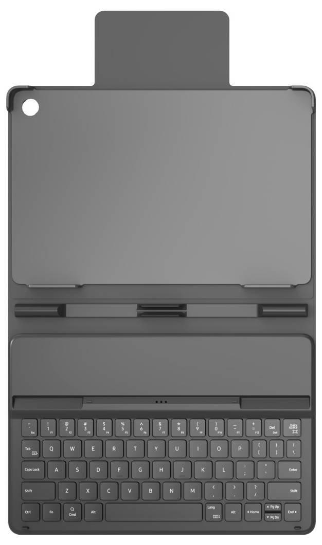 Graue Tablet-Tastaturschutzhülle oder Folio-Schutzhülle, geschlossen dargestellt, mit integrierter Tastatur und oberer Lasche vor weißem Hintergrund.