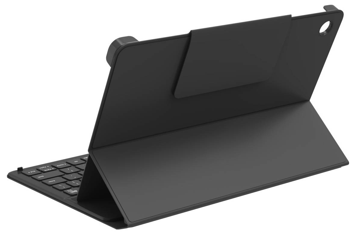Schwarze Tablet-Schutzhülle mit ausklappbarem Ständer und integrierter Tastatur, geöffnet in Schrägposition auf weißem Hintergrund dargestellt.