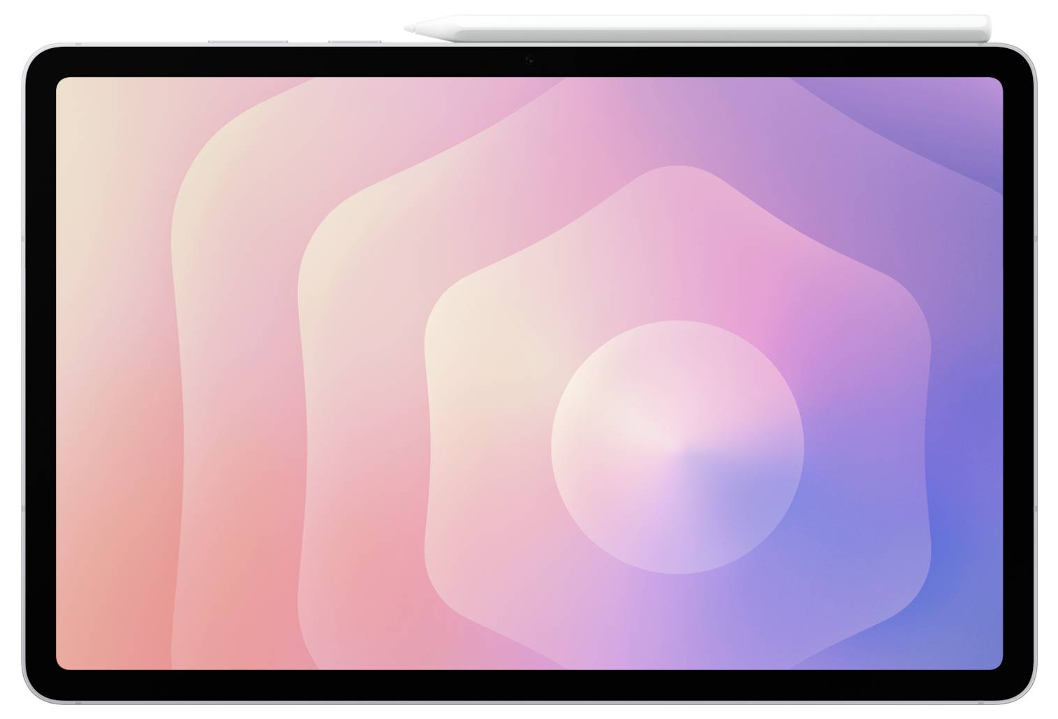 Tablet mit einem pastellfarbenem rosa-blauen abstrakten Hintergrundbild aus gestapelten abgerundeten Formen und einem zirkulären Glühen, in Landschaftsorientierung dargestellt.
