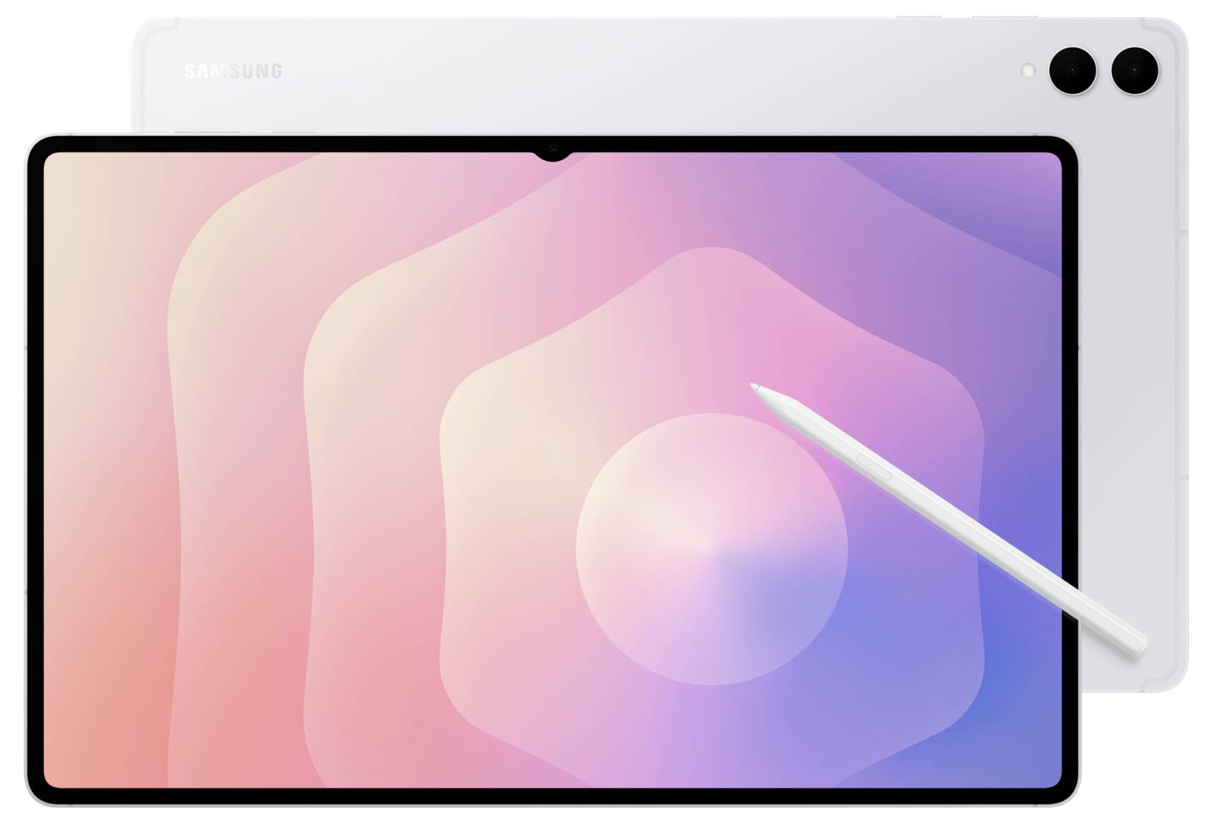 Tablet im Querformat mit einer rosa-violetten abstrakten Tapete und Stift, der über dem Bildschirm schwebt; die Rückansicht zeigt Doppelkameras.