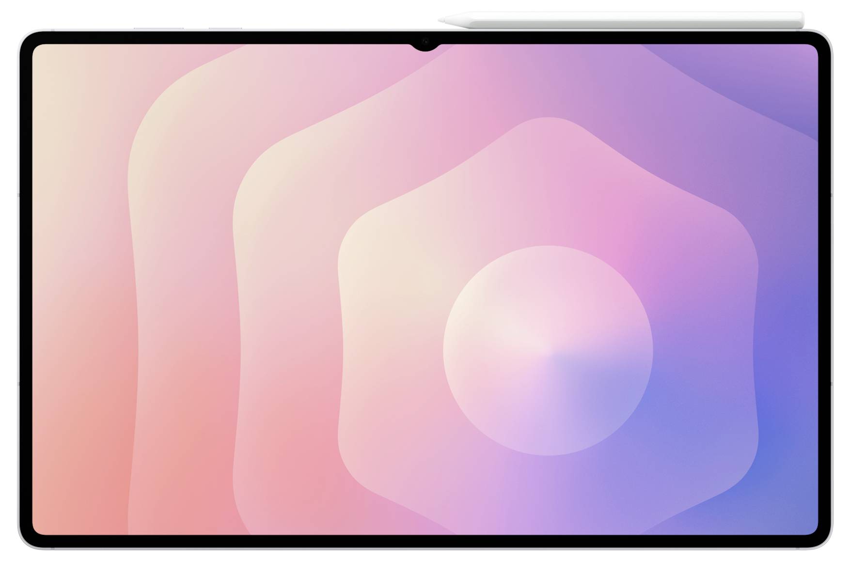 Ein Tablet mit einer pastellfarbenen abstrakten Tapete aus überlagerten rosa, pfirsich- und blauefarbigen Formen mit einem zentralen Kreis.