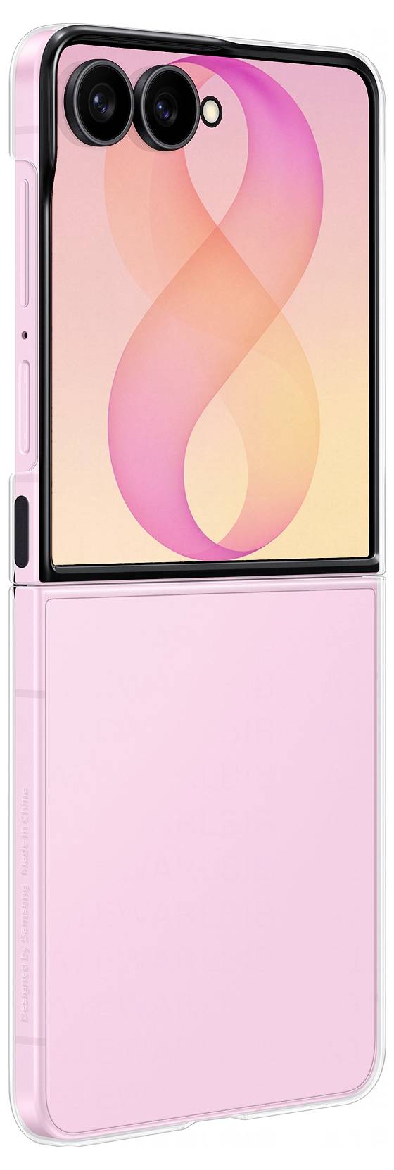 Rosa faltbares Smartphone offen gezeigt, mit Dual-Frontkameras auf dem oberen Display und einer glänzenden rosa Rückseite.