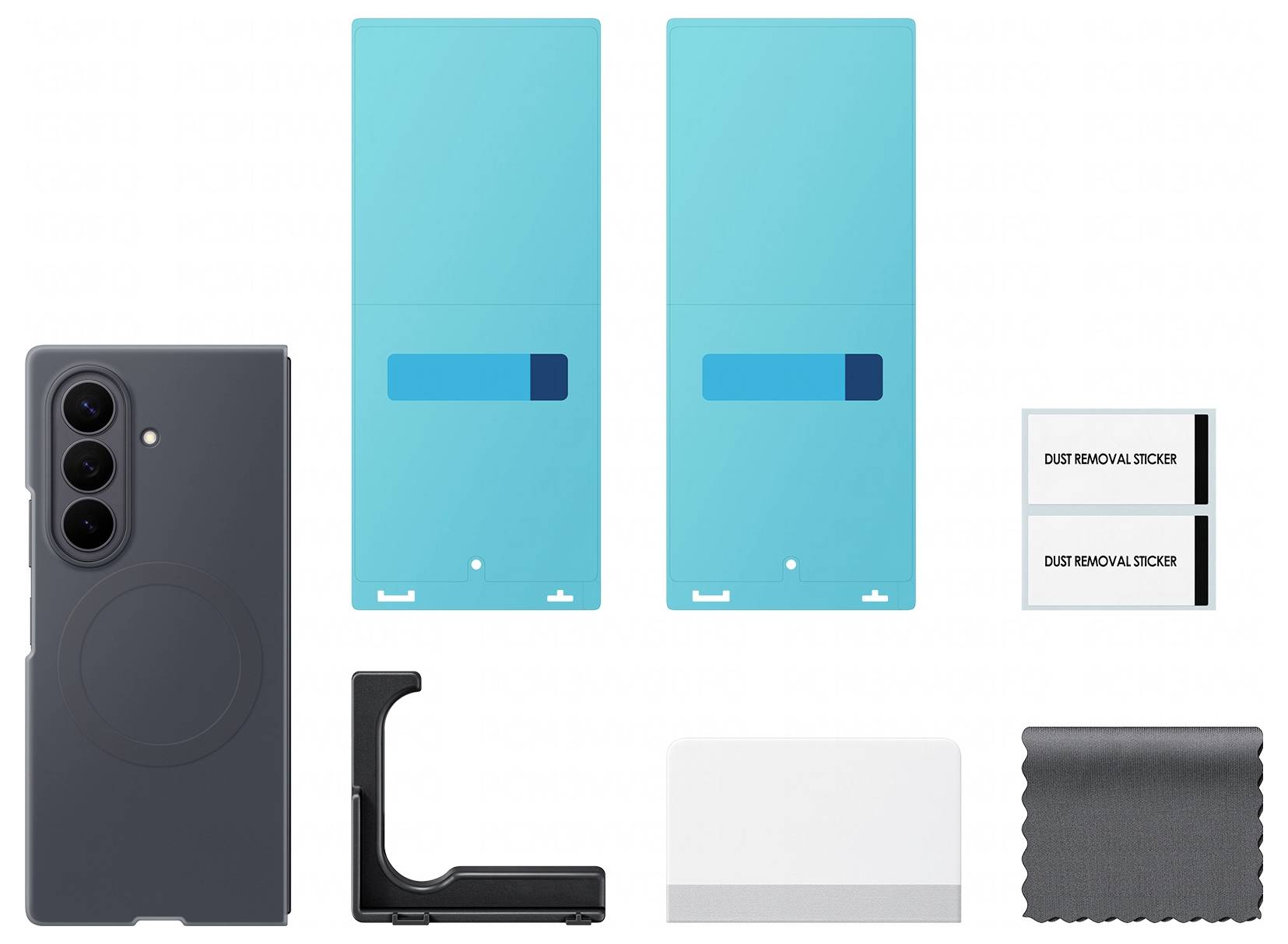 Smartphone-Schutzhülle-Set mit einer dunklen Handyhülle, zwei Displayschutzfolien, Staubentfernungstiften, einem Installationswerkzeug und einem Reinigungstuch.