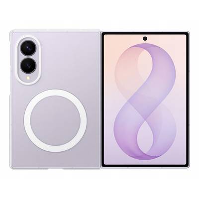 Vorder- und Rückansicht eines faltbaren Smartphones in Lavendelfarbe mit dualen Rückkameras, kreisförmigem Ring auf der Rückseite und dem vorderen Display mit einer purpurroten bandartigen Grafik.