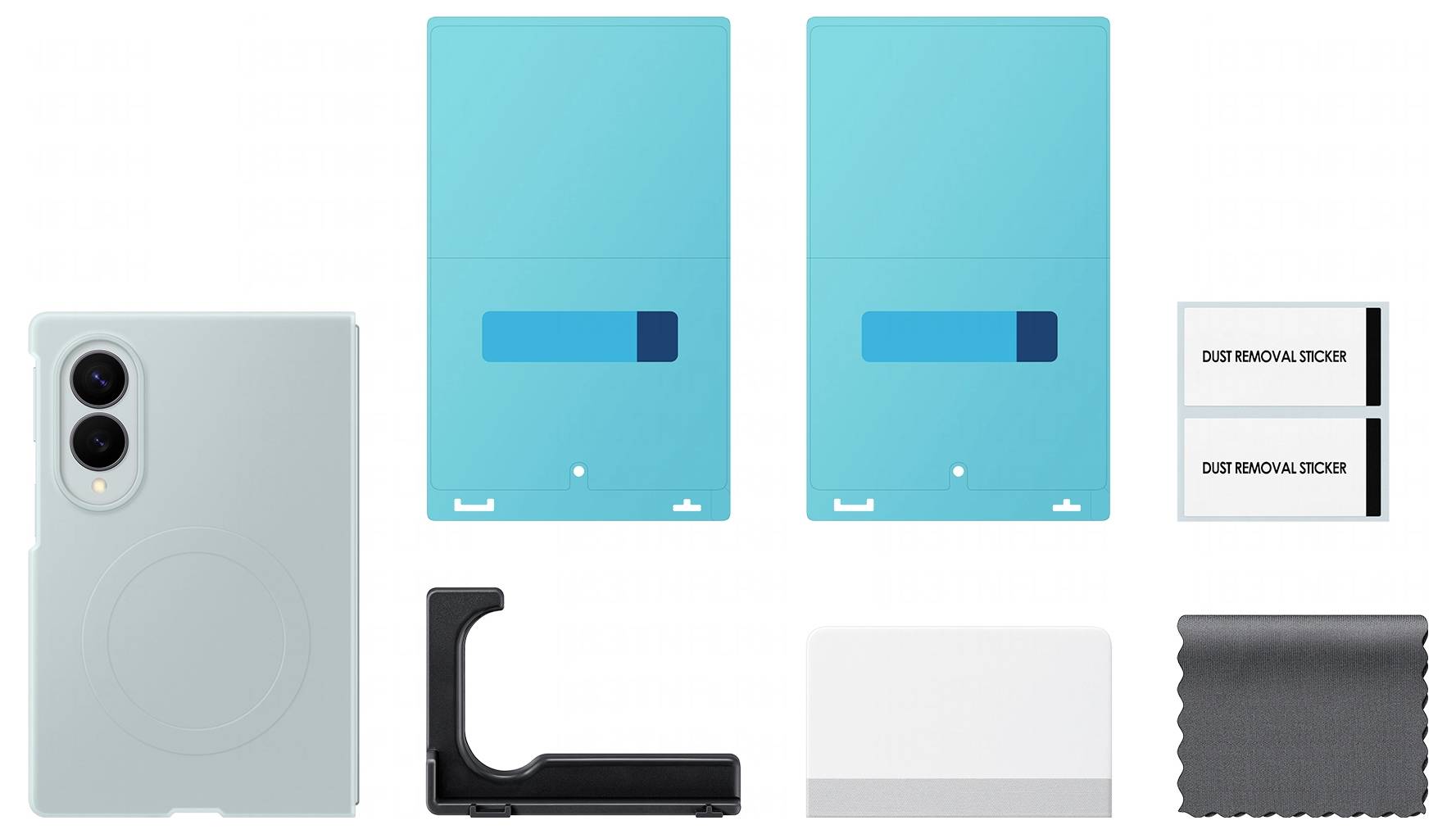 Smartphone-Hülle-Set ausgelegt mit einer mattierten mintgrünen Handyhülle und Zubehör: zwei blaugrüne Folienblätter, Staubentfernungsaufkleber, ein schwarzer Applikationsrahmen, weiße Karte und Reinigungstuch.