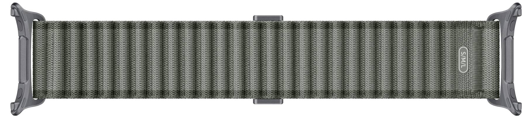 Graues gewebtes Uhrenarmband mit schwarzen Endverbindern und einer kleinen zentralen Schnallenklemme.