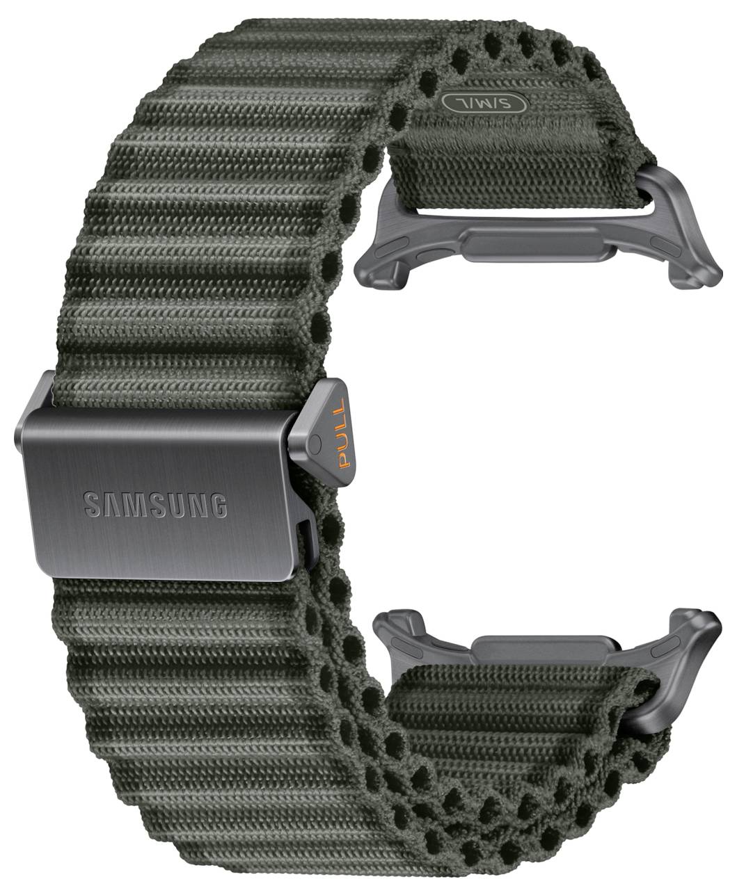 Smartwatch-Armband von Samsung in dunkelgrünem Stoff mit grauen Anschlüssen und Schnalle, freigestellt auf weißem Hintergrund dargestellt.