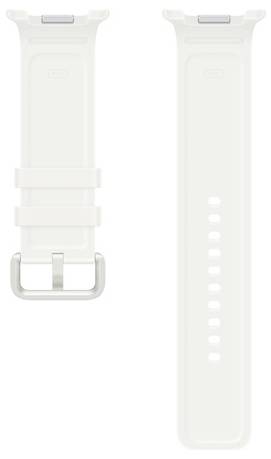 Zwei Ansichten eines weißen Silikon-Uhrenarmbands: Vorderseite mit Schnalle und Verschluss sowie Rückseite mit Verstelllöchern.
