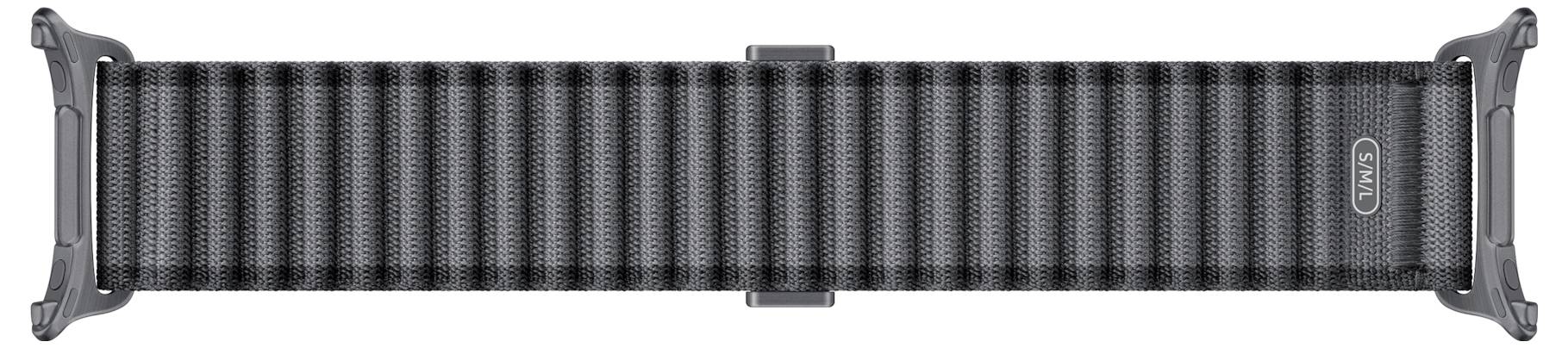 Schwarzes und graues gewebtes Uhrenarmband mit silbernen Metallverbindern und Verschluss, horizontal auf weißem Hintergrund dargestellt.
