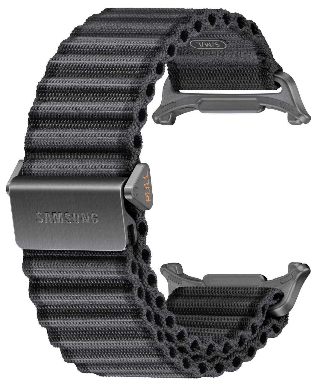 Schwarzes Samsung-Uhrenarmband mit robustur Webstruktur und grauen Steckerendungen, gezeigt auf weißem Hintergrund.