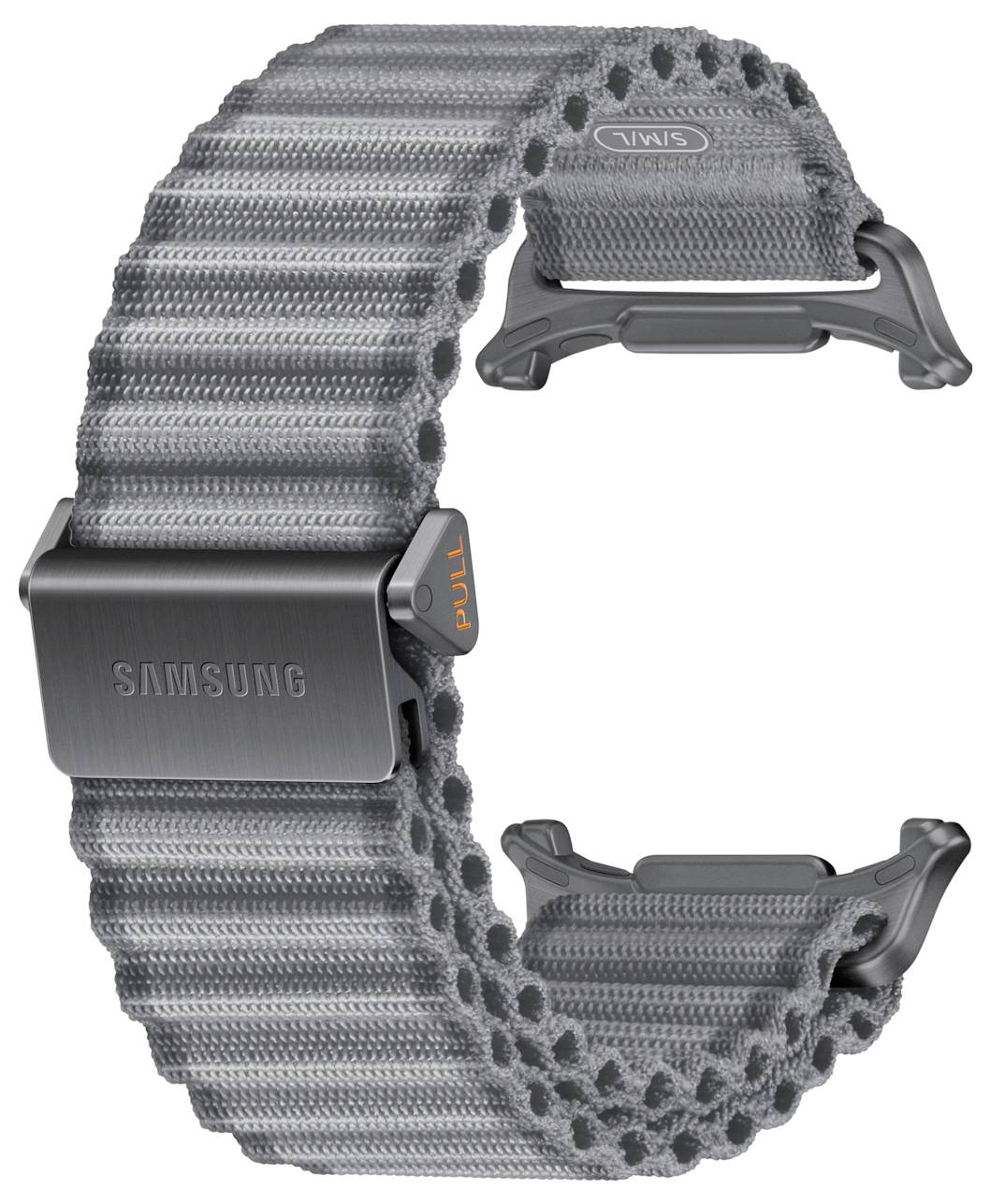 Graugewebtes Samsung-Uhrenarmband mit dunkler Metallschnalle, dargestellt als offene Schlaufe auf weißem Hintergrund.
