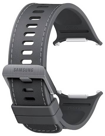 Schwarzes Samsung-Uhrenarmband mit belüfteten Schlitzen und Schnallenverschluss, auf weißem Hintergrund gezeigt.