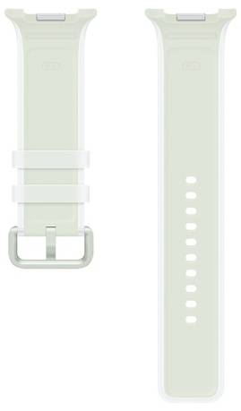 Zwei hellgrüne Smartwatch-Armbänder nebeneinander gezeigt, eine Vorderansicht mit Schnalle und Verschluss, eine Rückansicht mit Einstellungslöchern.