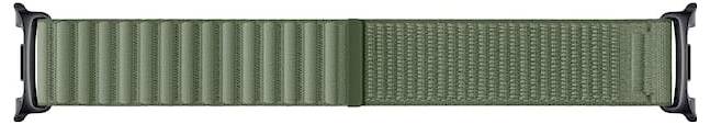 Olivgrünes geripptes Nylon-Uhrenband mit schwarzen Endverbindern und einer zentralen Befestigungsschleife.