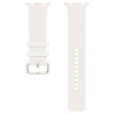 Hellbeiges Smartwatch-Armband von vorne und hinten gezeigt, mit Metallschnalle und Verstelllöchern.