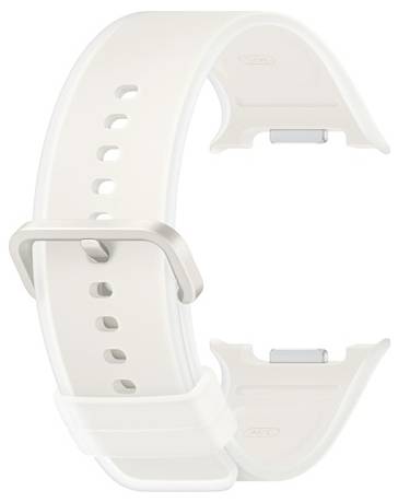 Weiches Silikon-Uhrenarmband in Weiß mit silberner Schnalle, gezeigt in einer gekrümmten Nahaufnahme-Produktansicht auf weißem Hintergrund.