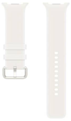 Zwei Ansichten eines weißen Smartwatch-Armbands: Ein Schnallen-Verschluss-Bereich auf der linken Seite und ein perforiertes Armband mit Verstellungslöchern auf der rechten Seite.