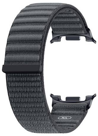 Schwarzes gewebtes Nylon-Uhrenarmband mit strukturiertem Riemen und Metallschnalle-Adaptern, auf weißem Hintergrund dargestellt.