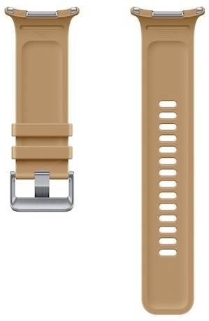 Zwei beige Uhrenarmbänder von vorne und hinten gezeigt, mit einer silbernen Schließe und mehreren Größenverstellungslöchern.