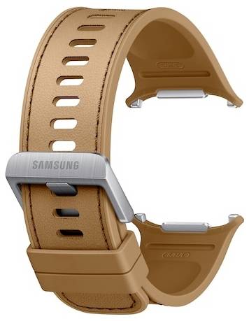 Braunes Lederarmband für Samsung-Uhr mit silberner Schließe und Verbindungshardware, gezeigt auf weißem Hintergrund.