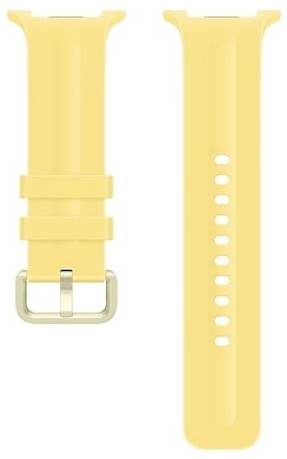 Gelbes Silikonarmband mit Metallschließe, gezeigt in Vorder- und Rückansicht.