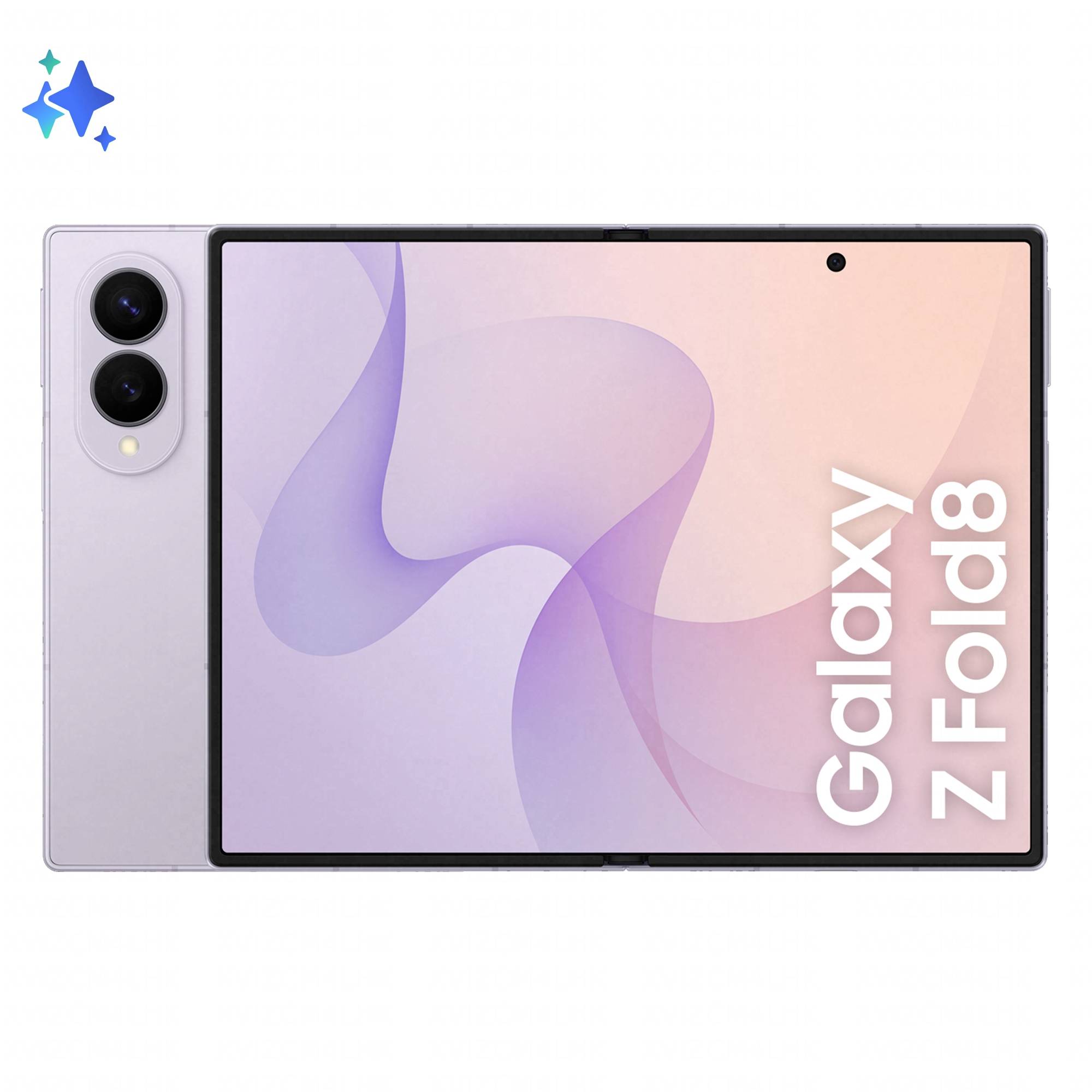 Samsung Galaxy Z Fold8 faltbares Smartphone, aufgeklappt dargestellt, mit abstraktem Pastellbildschirm und dualen rückseitigen Kameras, die auf der Rückseite sichtbar sind.